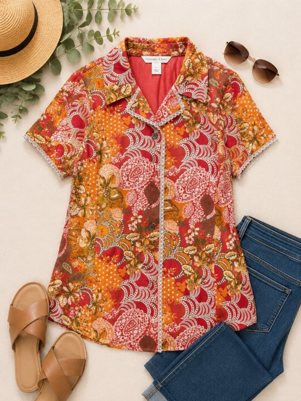 Paisley Floral Button Front Blouse Women's Large Boho Cottagecore Top